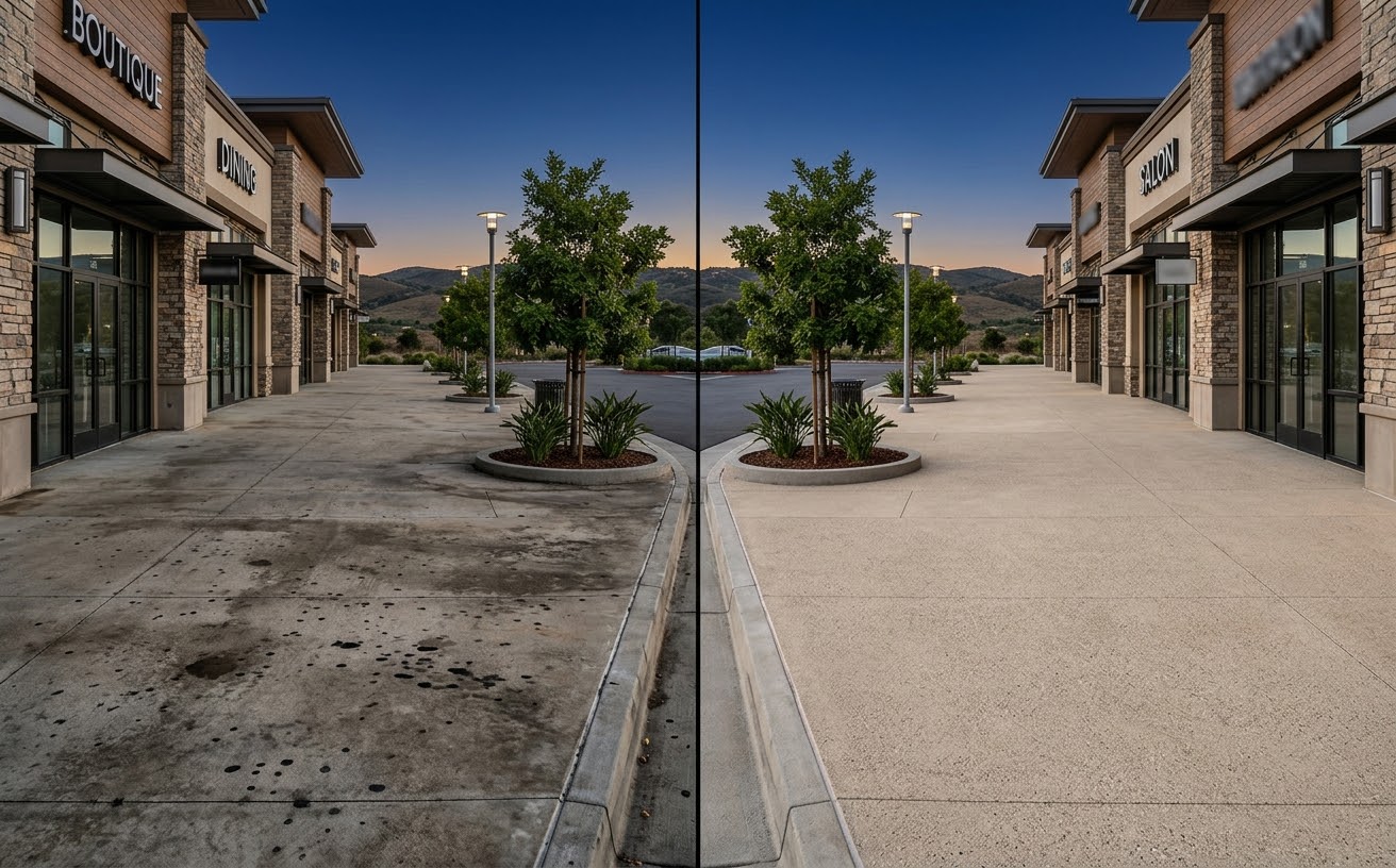 Before and after commercial sidewalk cleaning