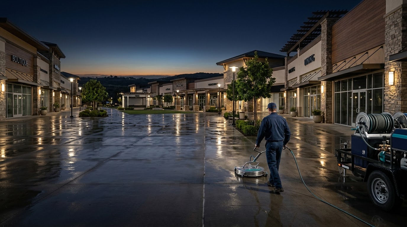Freshly cleaned Orange County shopping center before sunrise